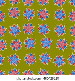 Vector seamless pattern of stylized floral motif, flowers, hole, spots, doodles on colored background. Hand drawn. Seamless floral background.