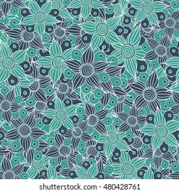 Vector seamless pattern of stylized floral motif, flowers, hole, spots, doodles on colored background. Hand drawn. Seamless floral background.