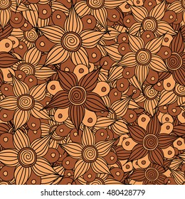 Vector seamless pattern of stylized floral motif, flowers, hole, spots, doodles on colored background. Hand drawn. Seamless floral background.