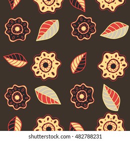 Vector seamless pattern of stylized floral motif, hole, spots, flowers, doodles on colored background. Hand drawn. Seamless floral background.