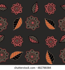 Vector seamless pattern of stylized floral motif, hole, spots, flowers, doodles on colored background. Hand drawn. Seamless floral background.