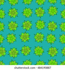 Vector seamless pattern of stylized floral motif, flowers, hole, spots, doodles on blue background. Hand drawn. Seamless floral background.