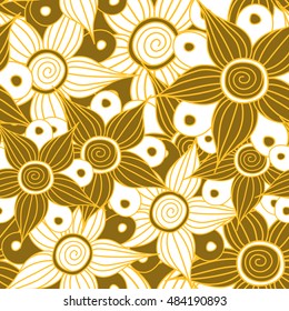 Vector seamless pattern of stylized floral motif, flowers, hole, spots, doodles in yellow colors. Hand drawn. Seamless floral background.