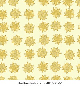Vector seamless pattern of stylized floral motif, flowers, hole, spots, doodles on beige background. Hand drawn. Seamless floral background.