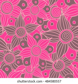 Vector seamless pattern of stylized floral motif, flowers, hole, spots, doodles in magenta colors. Hand drawn. Seamless floral background.