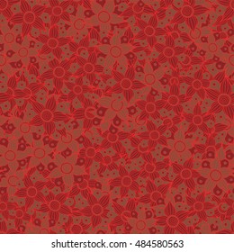 Vector seamless pattern of stylized floral motif, flowers, hole, spots, doodles in red colors. Hand drawn. Seamless floral background.