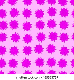 Vector seamless pattern of stylized floral motif, flowers, hole, spots, doodles on magenta background. Hand drawn. Seamless floral background.