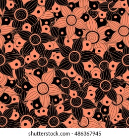 Vector seamless pattern of stylized floral motif, flowers, hole, spots, doodles in pink and black colors. Hand drawn. Seamless floral background.