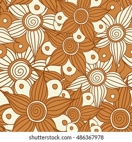 Vector seamless pattern of stylized floral motif, flowers, hole, spots, doodles in brown colors. Hand drawn. Seamless floral background.