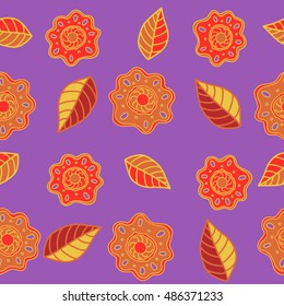 Vector seamless pattern of stylized floral motif, hole, spots, flowers, doodles on colored background. Hand drawn. Seamless floral background.