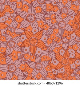 Vector seamless pattern of stylized floral motif, flowers, hole, spots, doodles in orange colors. Hand drawn. Seamless floral background.