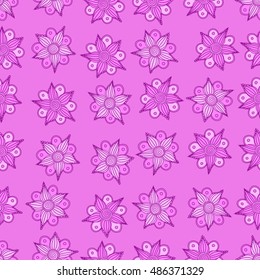 Vector seamless pattern of stylized floral motif, flowers, hole, spots, doodles on magenta background. Hand drawn. Seamless floral background.