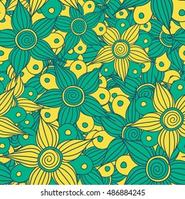 Vector seamless pattern of stylized floral motif, flowers, hole, spots, doodles in blue and yellow colors. Hand drawn. Seamless floral background.