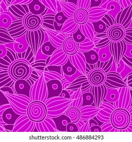 Vector seamless pattern of stylized floral motif, flowers, hole, spots, doodles in magenta colors. Hand drawn. Seamless floral background.