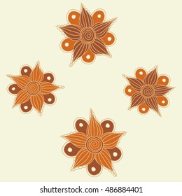Vector seamless pattern of stylized floral motif, flowers, hole, spots, doodles on beige background. Hand drawn. Seamless floral background.