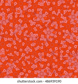 Vector seamless pattern of stylized floral motif, flowers, hole, spots, doodles in orange colors. Hand drawn. Seamless floral background.