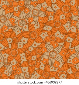 Vector seamless pattern of stylized floral motif, flowers, hole, spots, doodles in orange colors. Hand drawn. Seamless floral background.