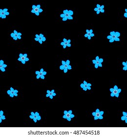 Vector seamless pattern of stylized floral motif, many small flowers, hole, spots on black background. Hand drawn small blue flowers. Seamless floral background in blue colors.