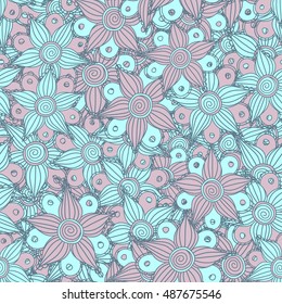 Vector seamless pattern of stylized floral motif, flowers, hole, spots, doodles in blue colors. Hand drawn. Seamless floral background.