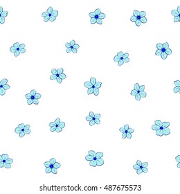 Vector seamless pattern of stylized floral motif, many small flowers, hole, spots on white background. Hand drawn small blue flowers. Seamless floral background in blue colors.