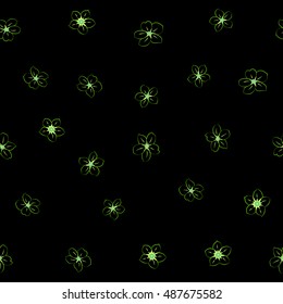 Vector seamless pattern of stylized floral motif, many small flowers, hole, spots on black background. Hand drawn small green flowers. Seamless floral background in green colors.