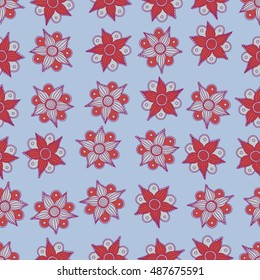 Vector seamless pattern of stylized floral motif, flowers, hole, spots, doodles on blue background. Hand drawn. Seamless floral background.