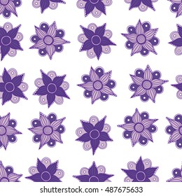 Vector seamless pattern of stylized floral motif, flowers, hole, spots, doodles on white background. Hand drawn. Seamless floral background.