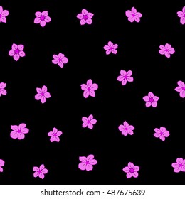 Vector seamless pattern of stylized floral motif, many small flowers, hole, spots on black background. Hand drawn small purple flowers. Seamless floral background in purple colors.
