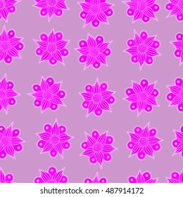 Vector seamless pattern of stylized floral motif, flowers, hole, spots, doodles on magenta background. Hand drawn. Seamless floral background.