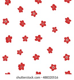 Vector seamless pattern of stylized floral motif with many small flowers, spots on white background. Hand drawn small red flowers. Seamless floral background in red colors.