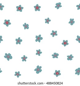 Vector seamless pattern of stylized floral motif, many small flowers, hole, spots on white background. Hand drawn small blue flowers. Seamless floral background in blue colors.