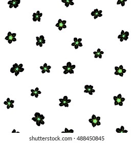 Vector seamless pattern of stylized floral motif, many small flowers, hole, spots on white background. Hand drawn small black and green flowers. Seamless floral background in black and green colors.