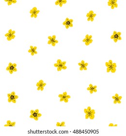 Vector seamless pattern of stylized floral motif, many small flowers, hole, spots on white background. Hand drawn small yellow flowers. Seamless floral background in yellow colors.