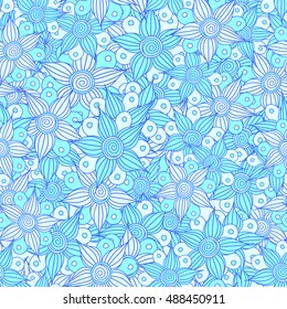 Vector seamless pattern of stylized floral motif, flowers, hole, spots, doodles in blue colors. Hand drawn. Seamless floral background.