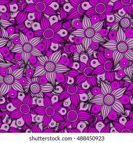 Vector seamless pattern of stylized floral motif, flowers, hole, spots, doodles in magenta and black colors. Hand drawn. Seamless floral background.