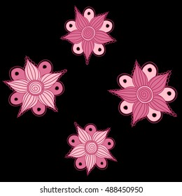 Vector seamless pattern of stylized floral motif, flowers, hole, spots, doodles on black background. Hand drawn. Seamless floral background.