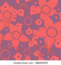 Vector seamless pattern of stylized floral motif, flowers, hole, spots, doodles in pink colors. Hand drawn. Seamless floral background.
