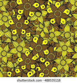 Vector seamless pattern of stylized floral motif, flowers, hole, spots, doodles in yellow colors. Hand drawn. Seamless floral background.