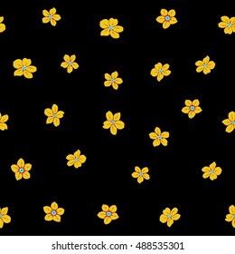 Vector seamless pattern of stylized floral motif, many small flowers, hole, spots on black background. Hand drawn small yellow flowers. Seamless floral background in yellow colors.
