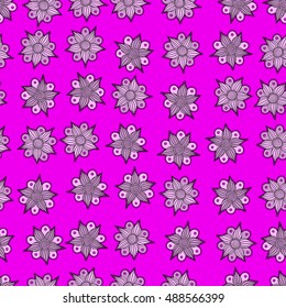 Vector seamless pattern of stylized floral motif, flowers, hole, spots, doodles on magenta background. Hand drawn. Seamless floral background.