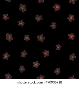 Vector seamless pattern of stylized floral motif, many small flowers, hole, spots on black background. Hand drawn small orange and red flowers. Seamless floral background in orange and red colors.