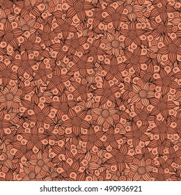 Vector seamless pattern of stylized floral motif, flowers, hole, spots, doodles in brown colors. Hand drawn. Seamless floral background.