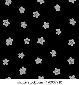Vector seamless pattern of stylized floral motif, many small flowers, hole, spots on black background. Hand drawn small gray flowers. Seamless floral background in gray colors.
