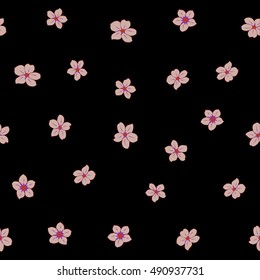 Vector seamless pattern of stylized floral motif, many small flowers, hole, spots on black background. Hand drawn small pink flowers. Seamless floral background in pink colors.