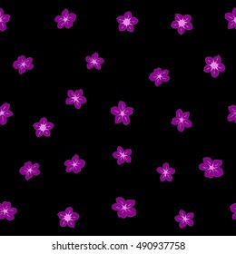 Vector seamless pattern of stylized floral motif, many small flowers, hole, spots on black background. Hand drawn small violet flowers. Seamless floral background in violet colors.