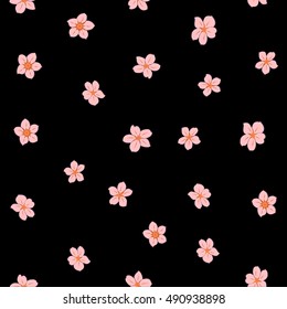 Vector seamless pattern of stylized floral motif, many small flowers, hole, spots on black background. Hand drawn small pink flowers. Seamless floral background in pink colors.