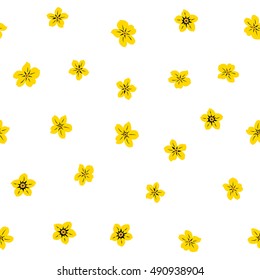 Vector seamless pattern of stylized floral motif, many small flowers, hole, spots on white background. Hand drawn small yellow flowers. Seamless floral background in yellow colors.
