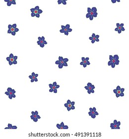Vector seamless pattern of stylized floral motif, many small flowers, hole, spots on white background. Hand drawn small blue flowers. Seamless floral background in blue colors.
