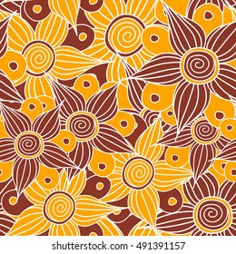 Vector seamless pattern of stylized floral motif, flowers, hole, spots, doodles in red and orange colors. Hand drawn. Seamless floral background.