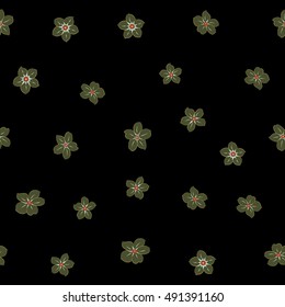 Vector seamless pattern of stylized floral motif, many small flowers, hole, spots on black background. Hand drawn small green flowers. Seamless floral background in green colors.